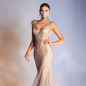 NEW LONG SLEEVELESS EMBROIDERED FEATHER DRESS WITH SEQUINS & ZIPPER BACK CD C57